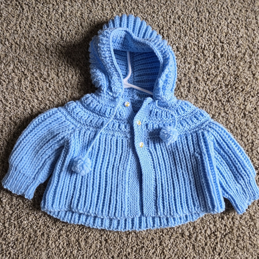 Hand Knit Baby Sweater Pink Hooded Cardigan 6-9 Months Boutique Style